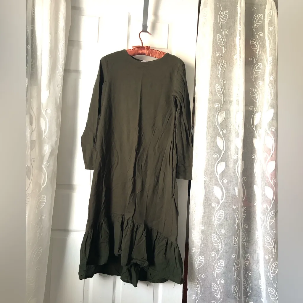 Zara Trafaluc Olive Long Sleeve tunic midi Dress ruffle trim asymmetrical sz S - Image 4