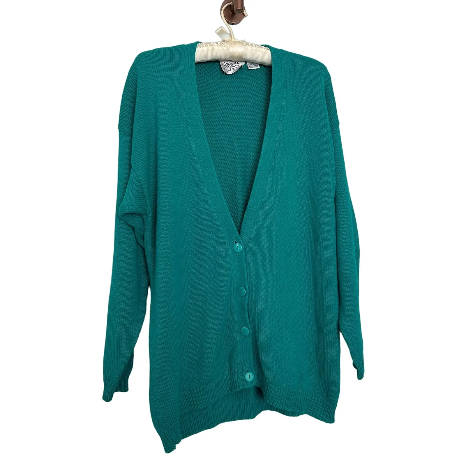 Vintage 90s Nordstrom 100% Cotton Knit Teal Button Up Vneck Cardigan Drop Sleeve - Image 11