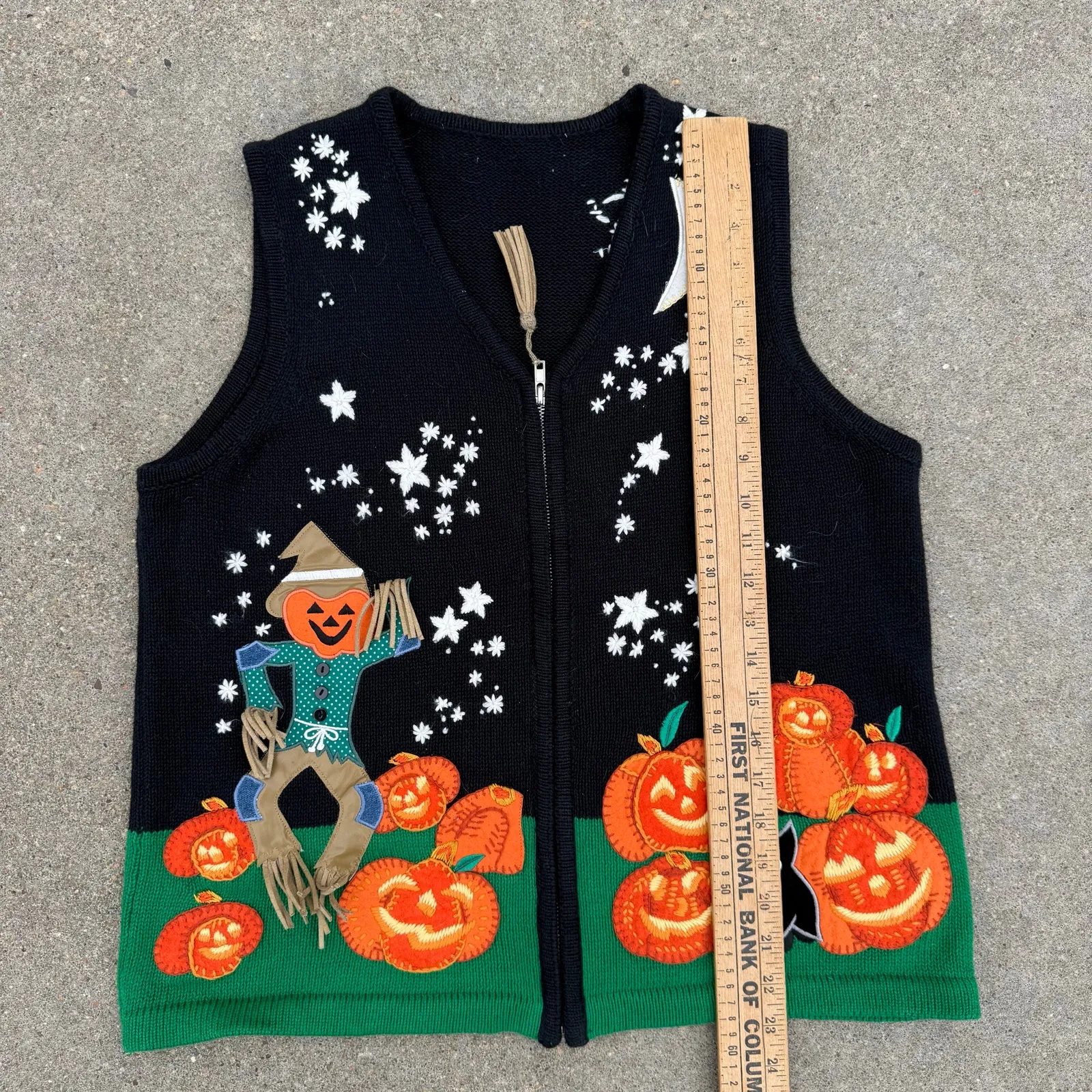 Vintage 90s Halloween Scarecrow Jack O Lantern Starry Skies Sweater Vest M/L? Black Size L - Image 5
