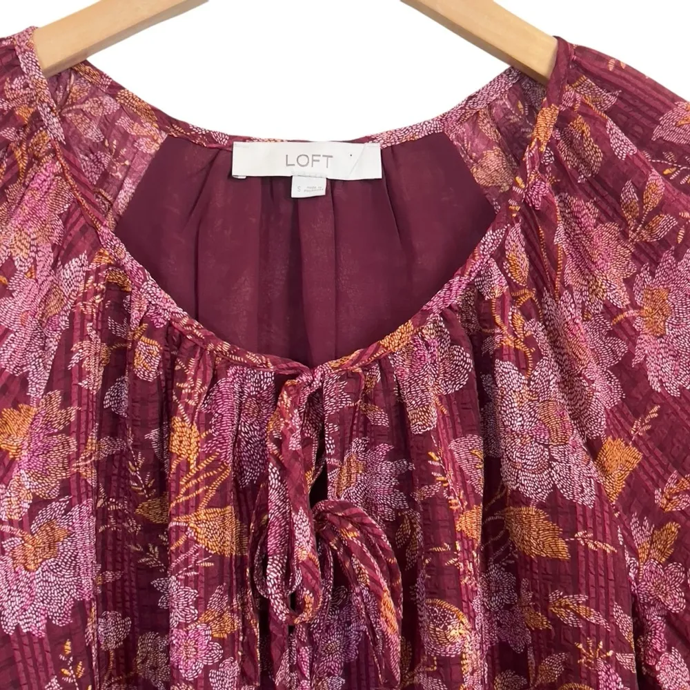 LOFT burgundy floral faux embroidery peasant, lined bodice - women’s size small - Image 2