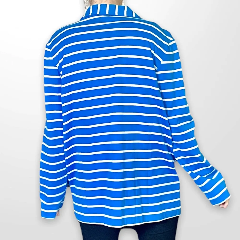 00s JOAN VASS Vintage Blue White Cotton Striped Collared Cardigan - Image 3