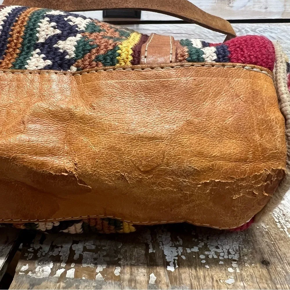 Vintage Boho Aztec Woven Striped Leather Tote Shoulder Bag Hippie Festival OS Red - Image 6