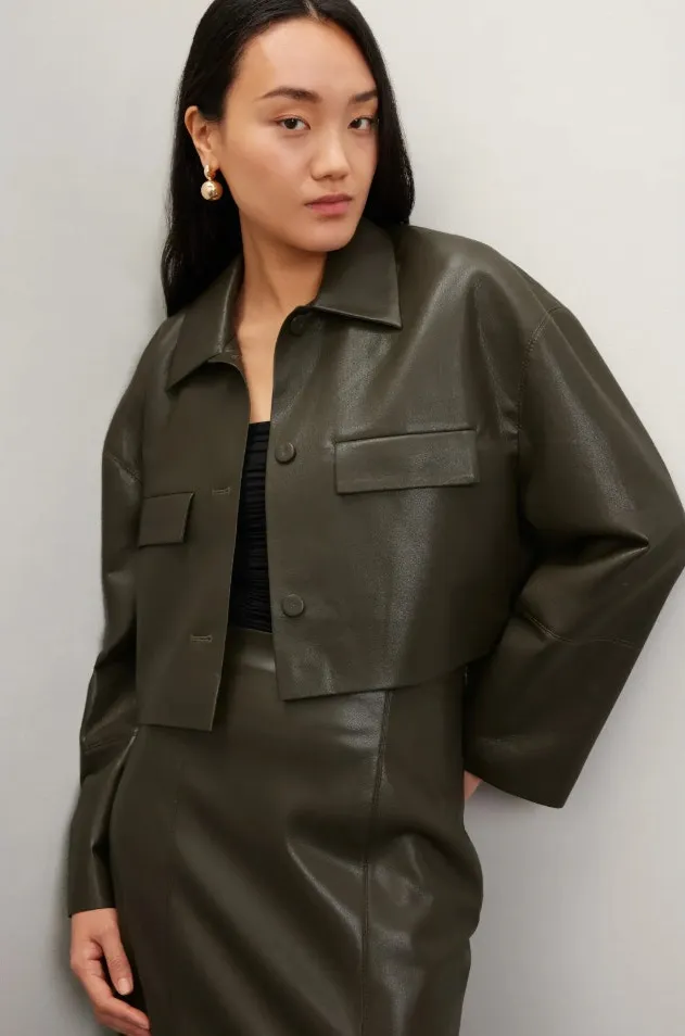 Nanushka Jacket Womens X Large Holleen Solid Green Faux Leather Collared Size XL - Image 1