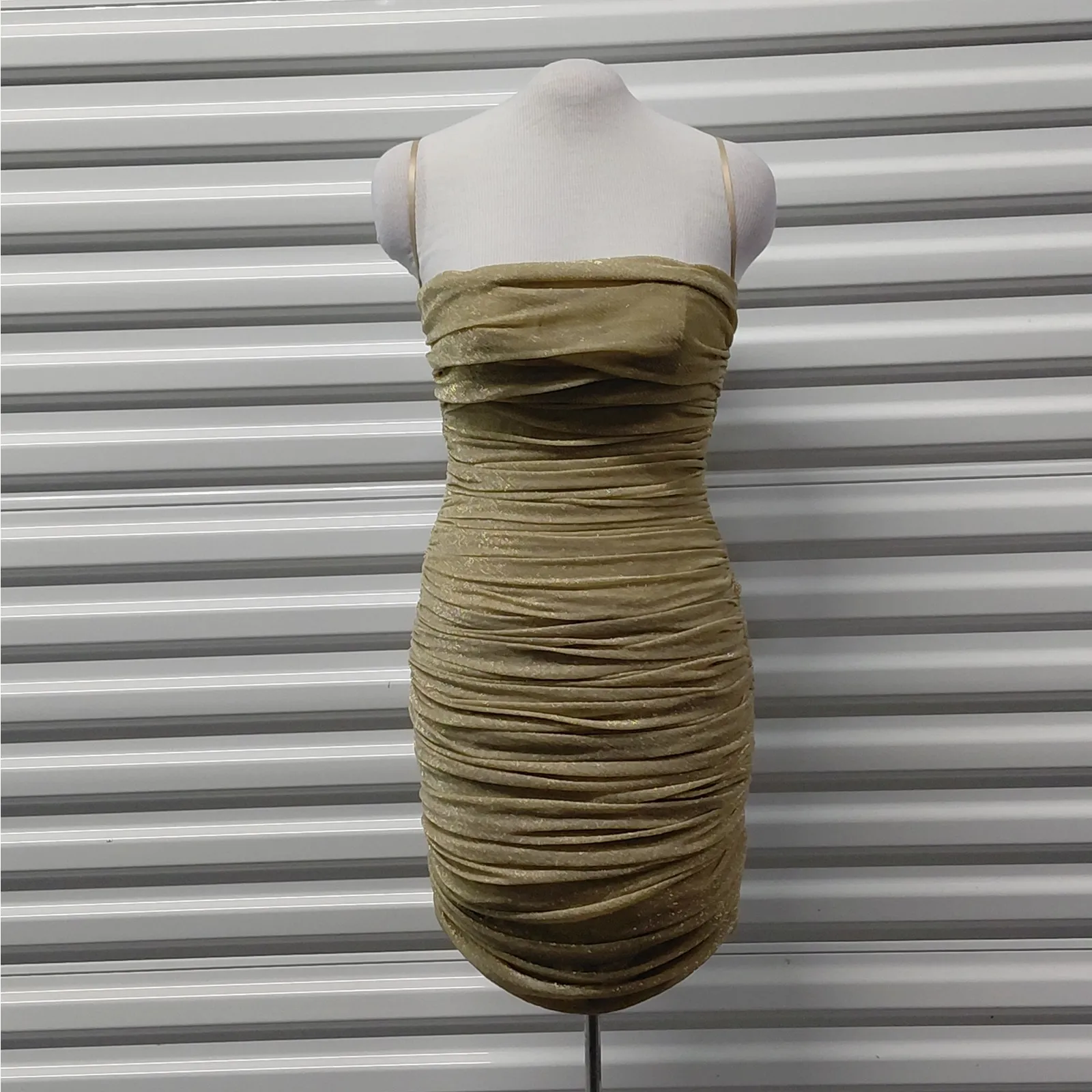 House of CB Ella Ruched Organza Mini Dress Sz Small Gold Cocktail Party Wedding - Image 2