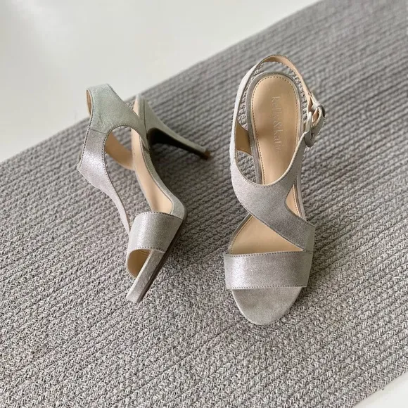 Kelly & Katie Silver Fabric Strappy Ankle Buckle Heeled Dressy Sandals Size 7.5 - Image 2
