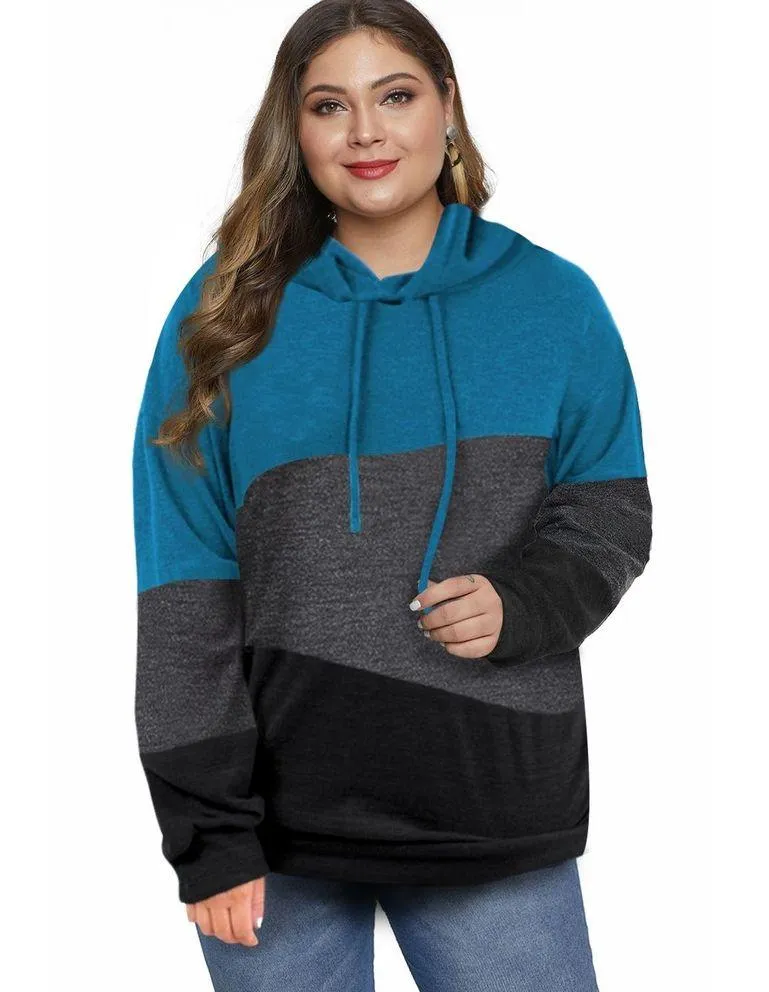 BLUE GRAY BLACK COLOR BLOCK DRAWSTRING HOODIE SIZE 1X - Image 9