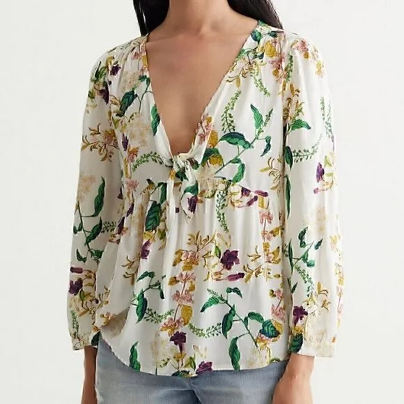 LUCKY BRAND Malia Peasant Top White Green Floral V-Neck Cutout Tie Long Sleeve - Image 2