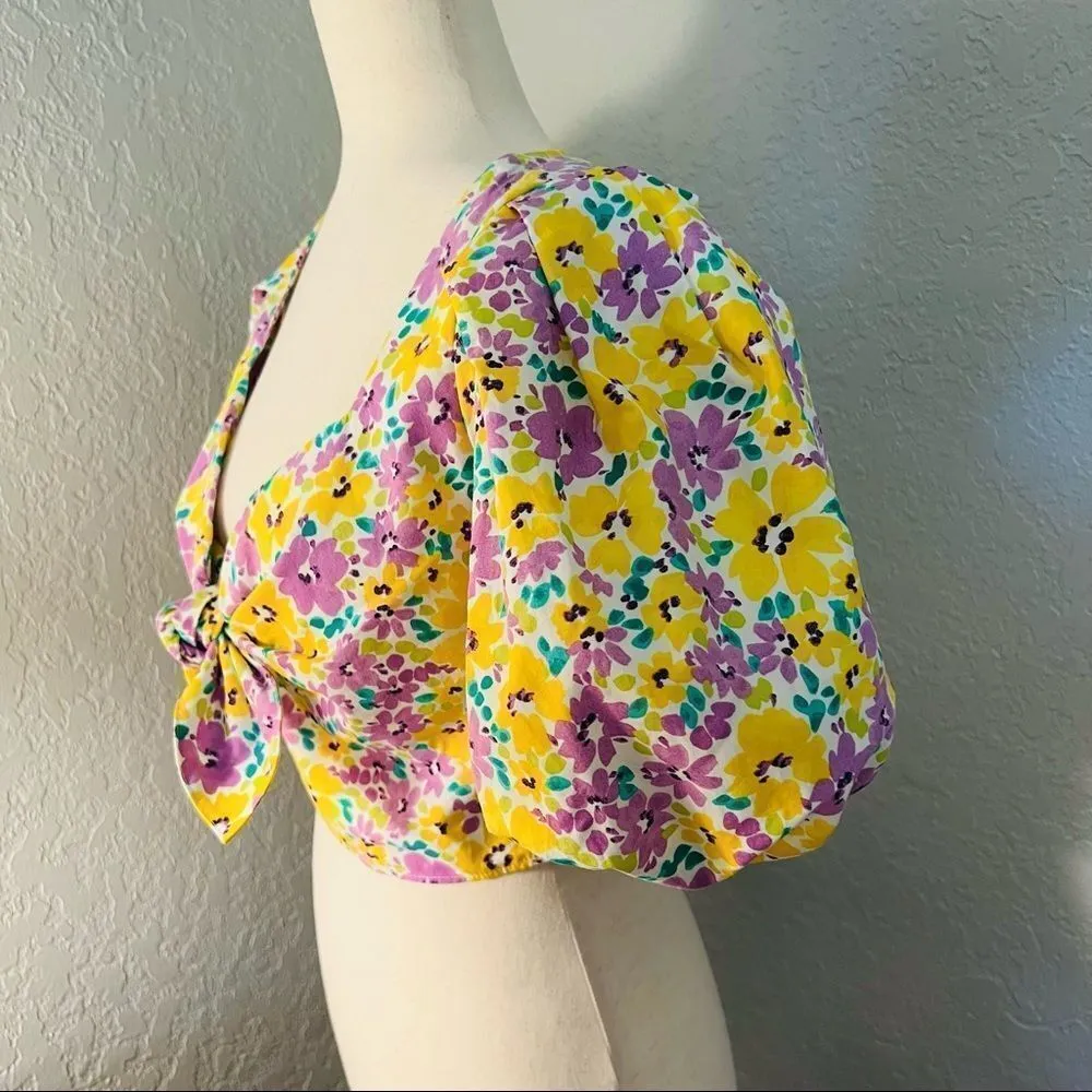 River Island Floral Print Puff Sleeve Crop Top, Yellow/Purple, Small/Size 4, NWT - Image 9