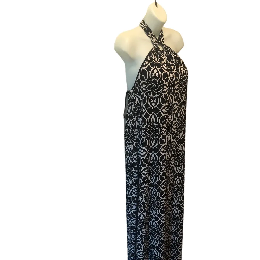 Y2K WHBM Keyhole Halter Top Maxi Dress M Black White Damask Print Slinky Summer - Image 5