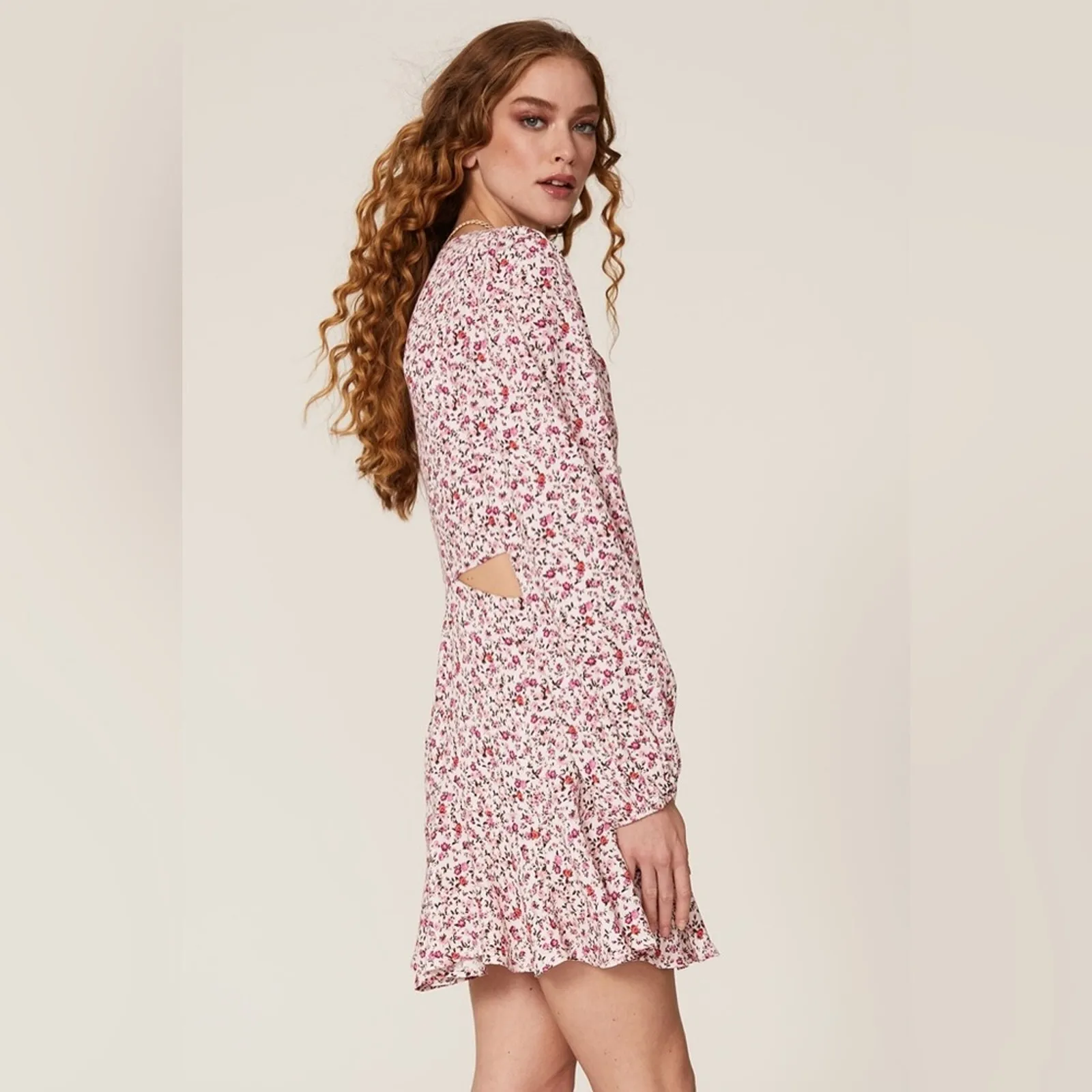 AFRM Monna Pink Floral Long Sleeve Cutout Flounce Hemline Mini Dress SMALL - Image 5