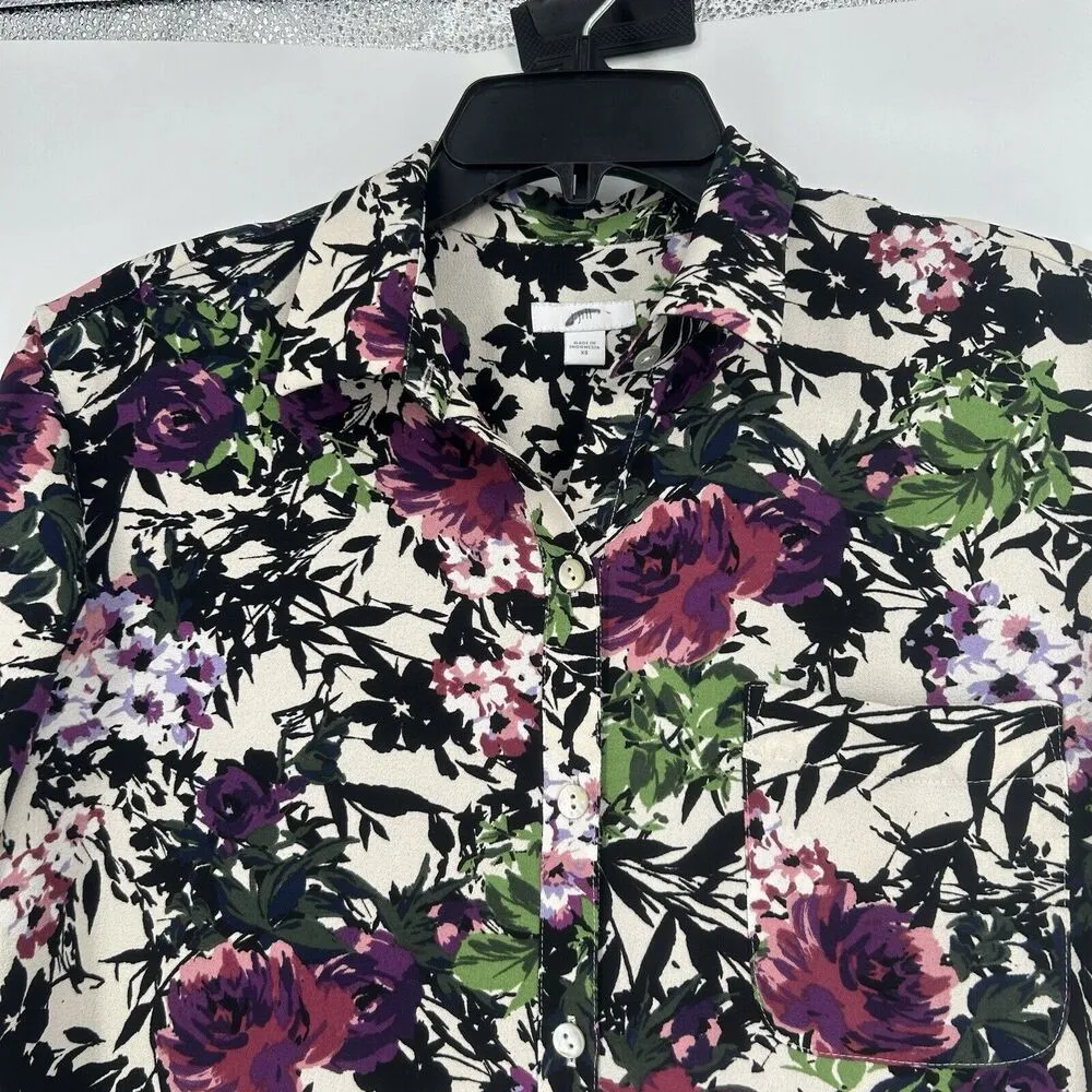 J Jill Floral Button Up Shirt Ivory Black Long Sleeve Office Career Size XS - Image 2