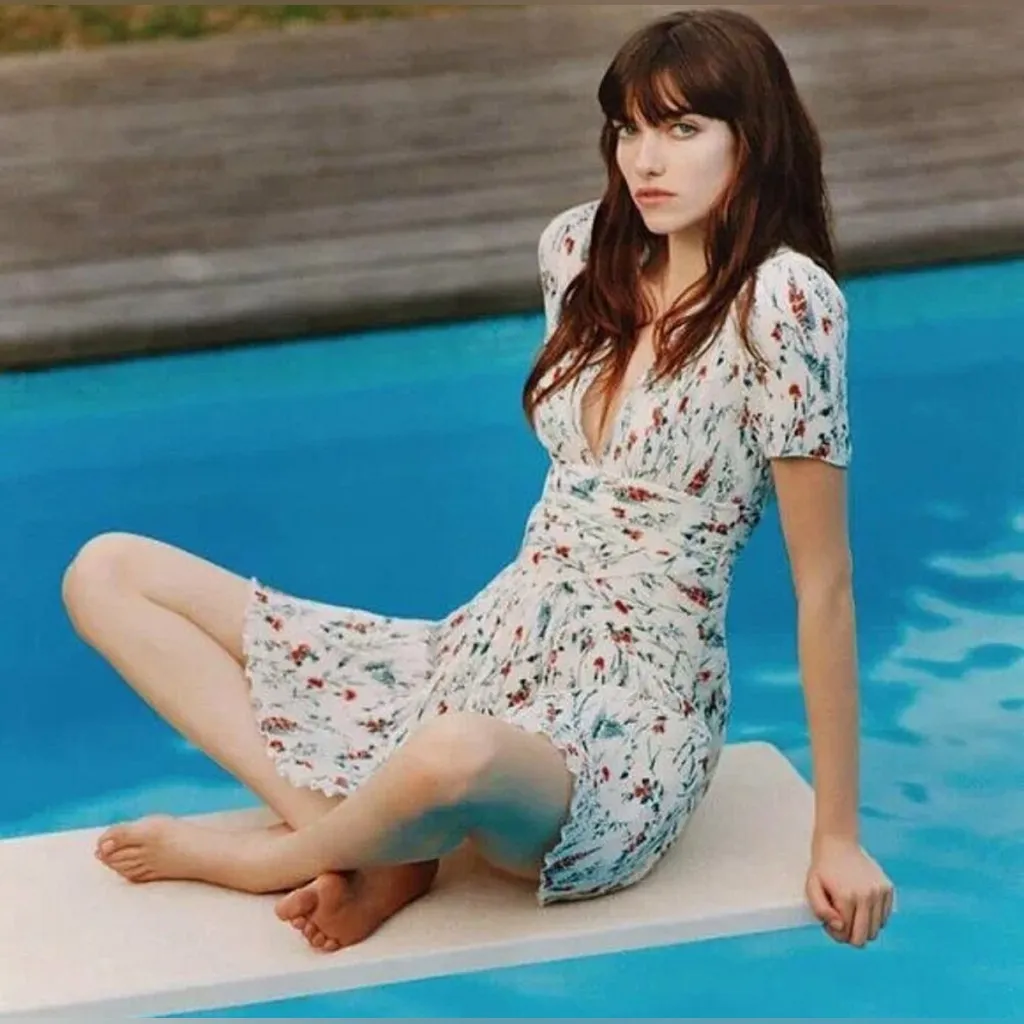 Maje Rasion Plisse Floral Mini Dress Sz 2/ Medium White Feminine Fairy Dainty - Image 4