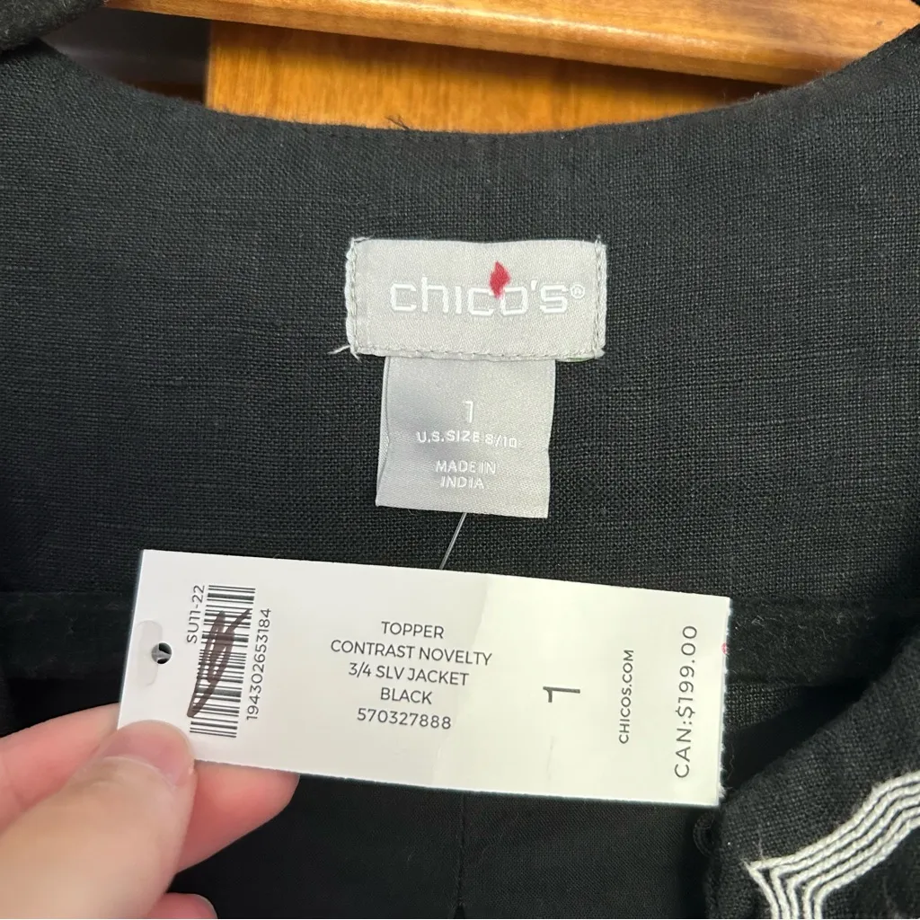 Chico's Floral Emboidered Contrast Novelty 3/4 Sleeve Linen Topper Jacket Medium - Image 5