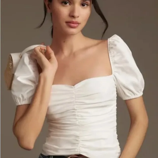 Reformation x Anthropologie Radish Puff Sleeve Ruched Top Womens 4 White ZipBack - Image 2