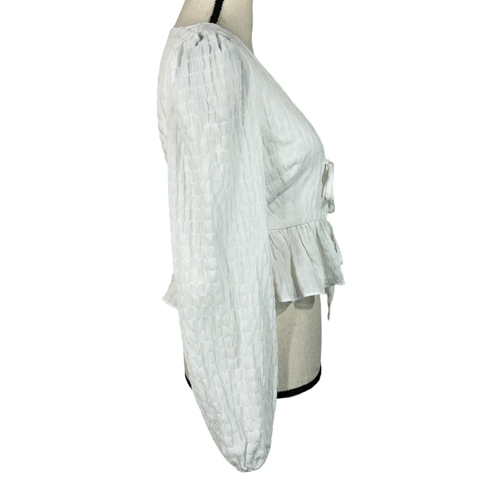 Lulus Small Cropped Tie Front Jacket Lined Long Puff Balloon Sleeve Ruffle White - Image 4