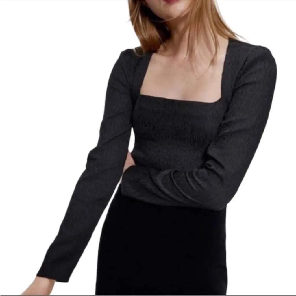 ZARA Textured Square Neck Long Sleeve Black‎ Bodysuit Top Size Small - Image 6