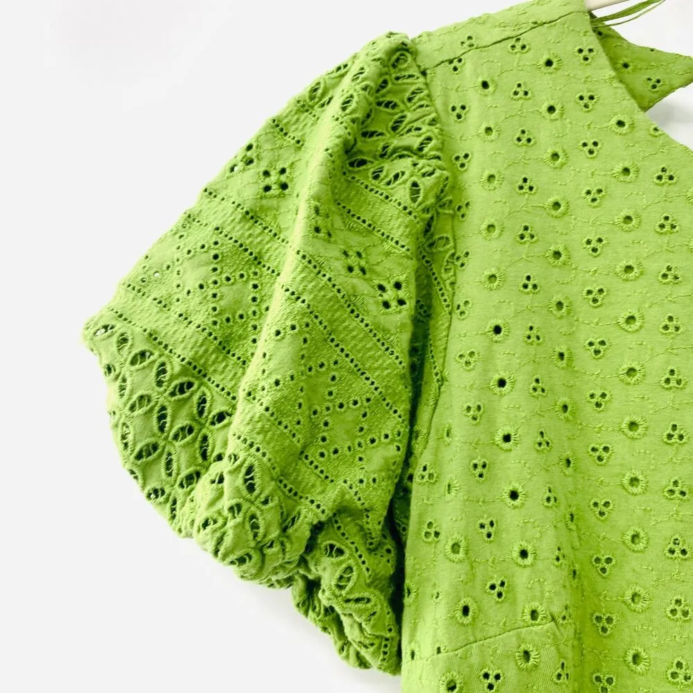 NEW Free People Apricot Eyelet Green Puff Sleeve Open Tie Back Mini Dress XS - Image 7