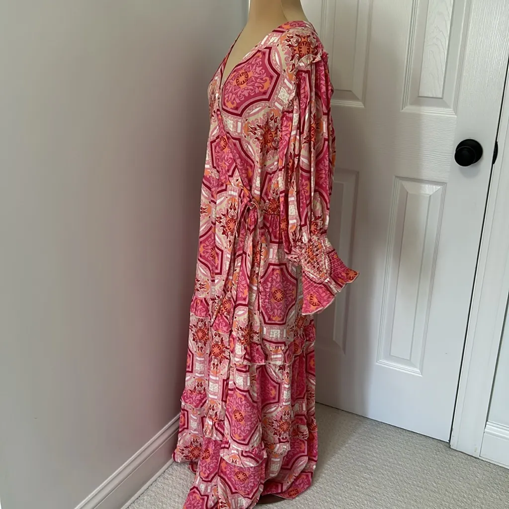 Lea Pink Printed Ruffle Trim Wrap Maxi Dress Size M - Image 4