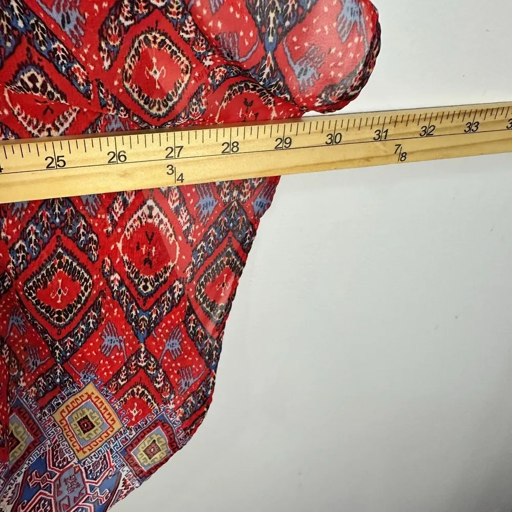 Roz & Ali Top 1X Red Boho Tribal Print Blouse Sheer Overlay Festival Flowy Artsy - Image 9