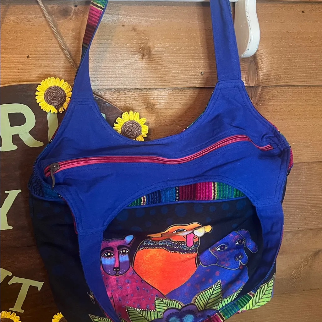 NWT Laurel Burch Three Amigos Dog Cat Large Tote Bag Zip Shoulder Purse Canvas Black - Image 6