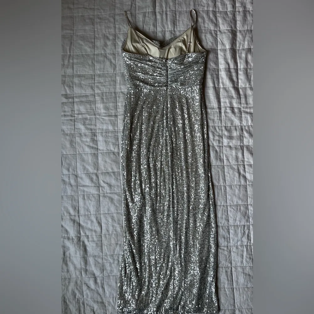 Eliza J Champagne Cowl Neck Sequin Gown Spaghetti Straps Leg Slit Formal - 8 - Image 2