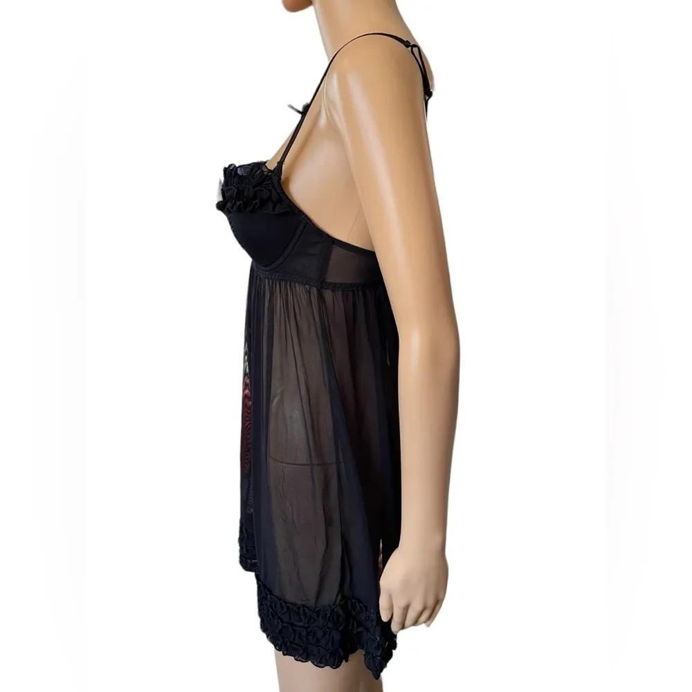 Passionata Black Romantic Feminine Ruffle Sheer Mesh Lingerie Mini Slip Dress Size M - Image 4