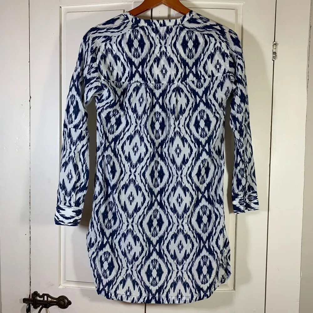 Athleta Ikat Print Tunic Top Women XXS Blue White Cotton Silk Shirt Dress Preppy - Image 2