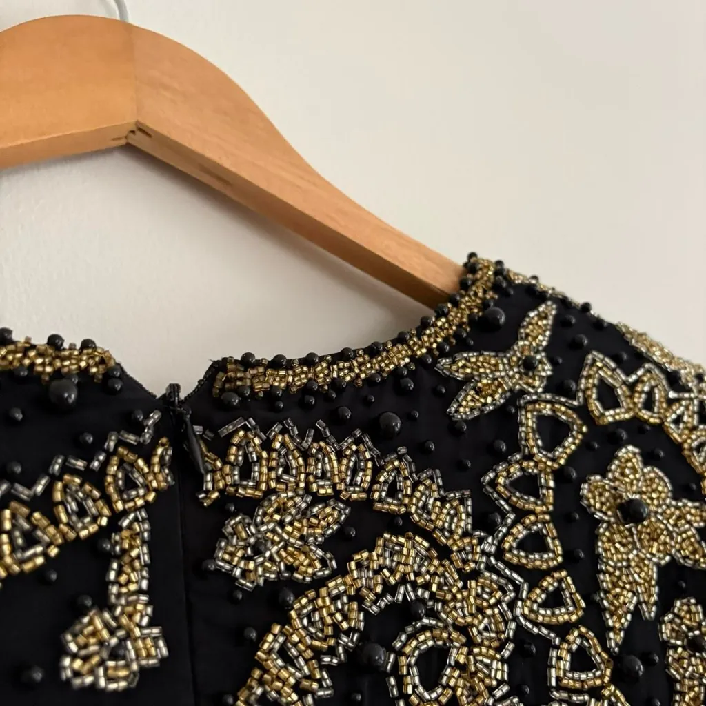 Vintage Black Tie Oleg Cassini gold black beaded long sleeve evening gown dress Size 10 - Image 5