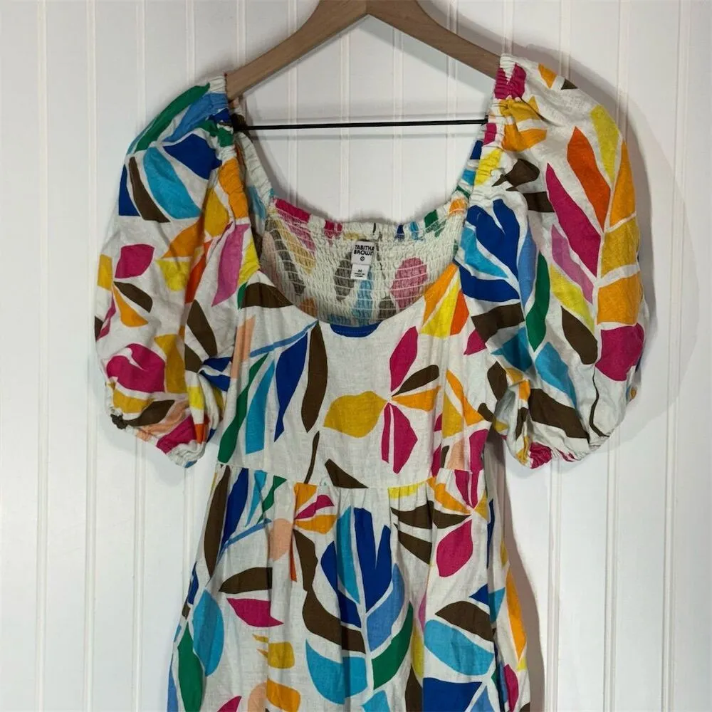 Tabitha Brown Target Puff Sleeve Dress M Linen Blend Rainbow Leaf Print Boho Blue Size M - Image 2