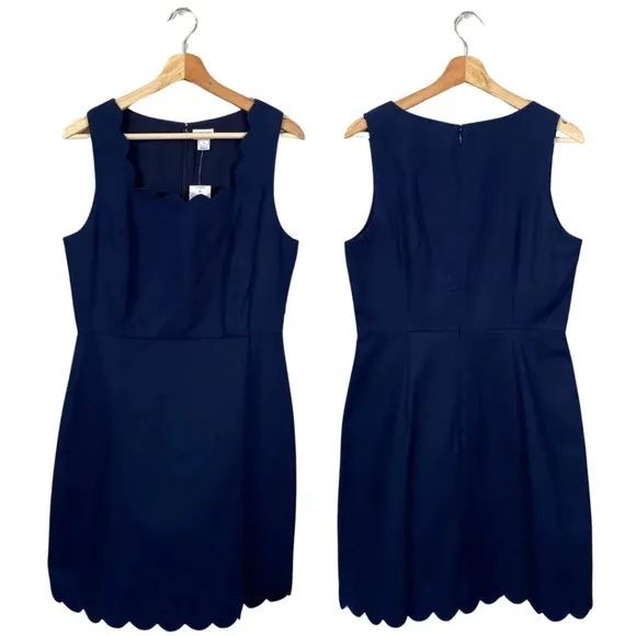 NWT J.Crew Sleeveless Basketweave Scallop-Edge Sheath Dress Women’s 8 Navy Blue - Image 2