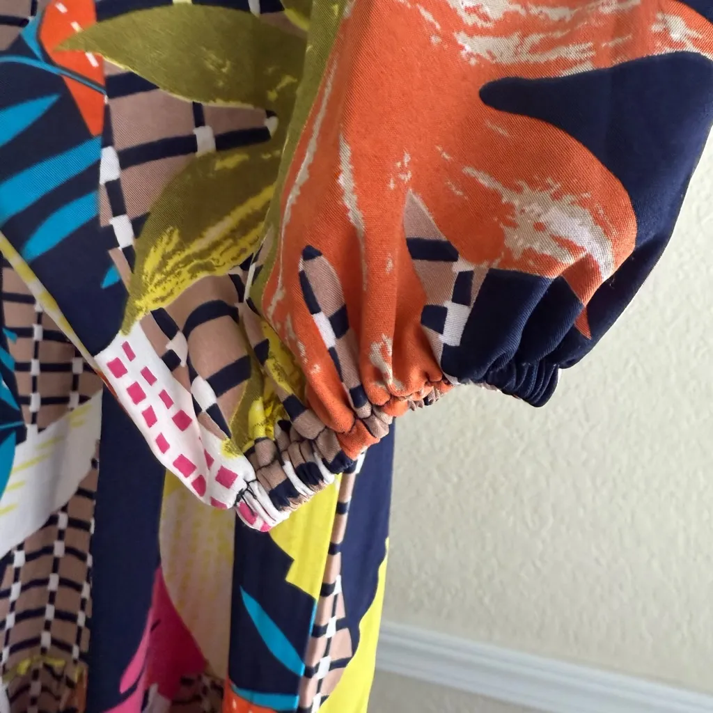 Bold Abstract Print Long Sleeve Tiered Dress Flowing Fit Vibrant Multicolor - Image 4