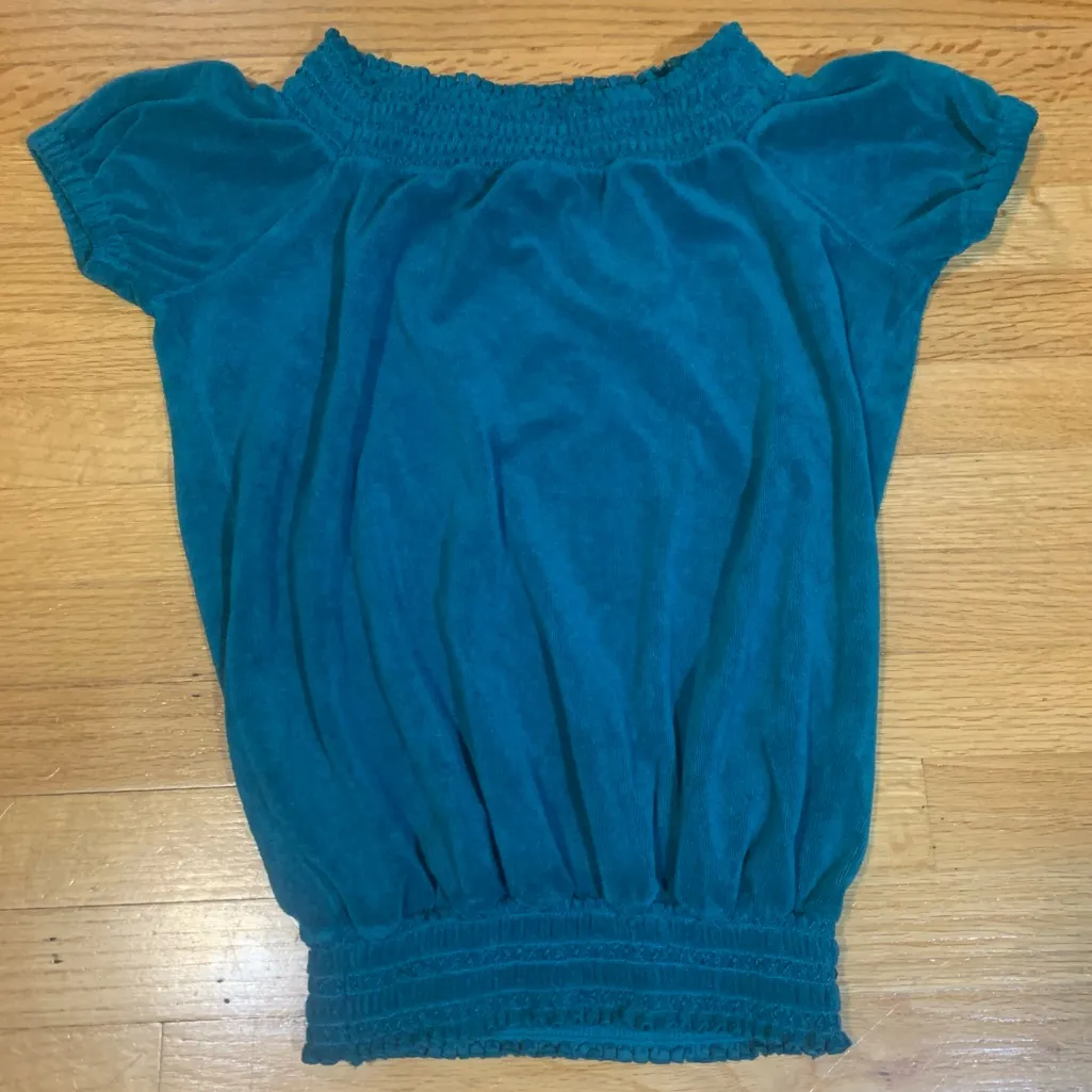 Juicy Couture Gela Pam Smocked Velour Puff Sleeve Blouse Teal Women's Medium - Image 2