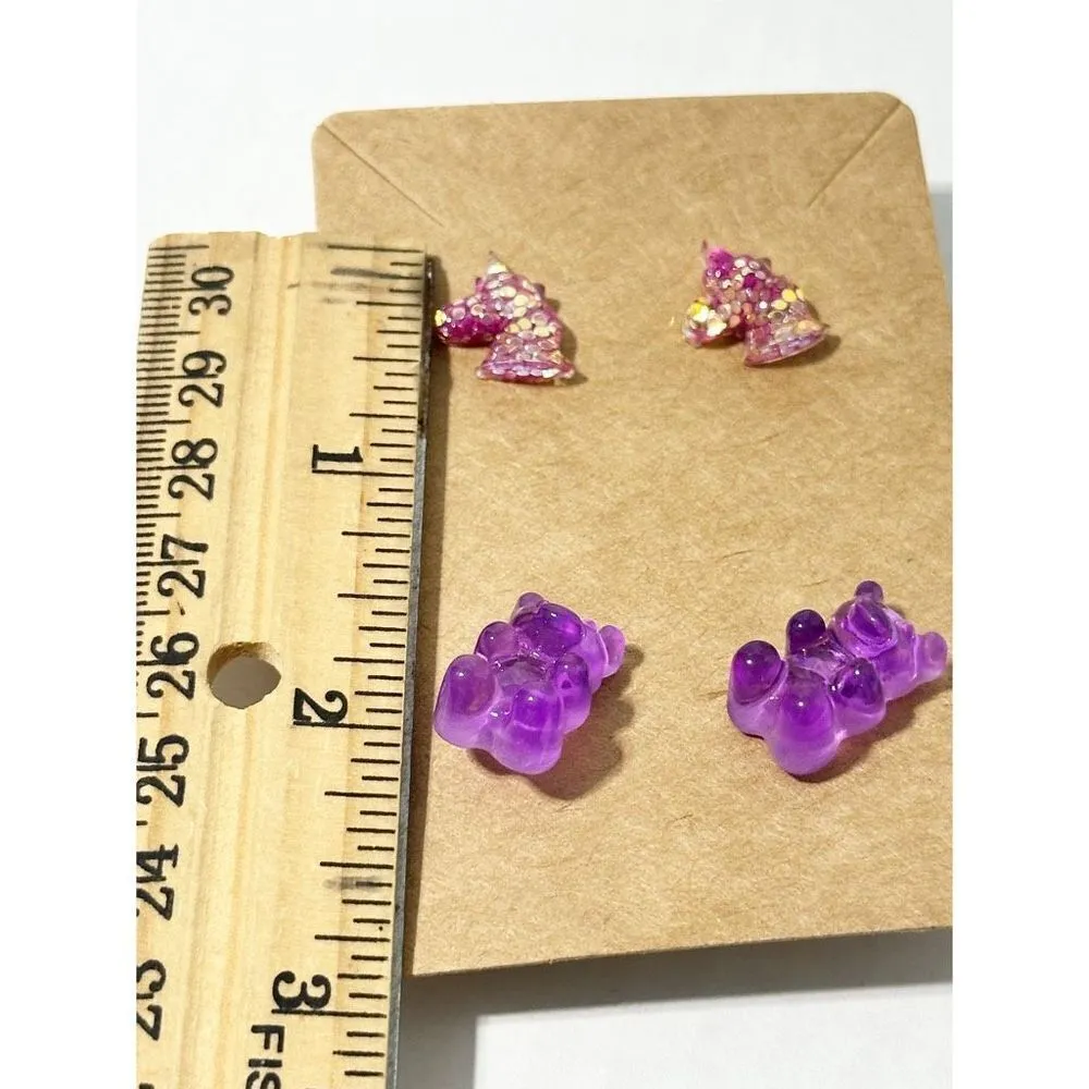 Gummy Bear & Unicorn Head Plastic & Metal Alloy Stud Earrings Set Novelty Purple Pink - Image 4