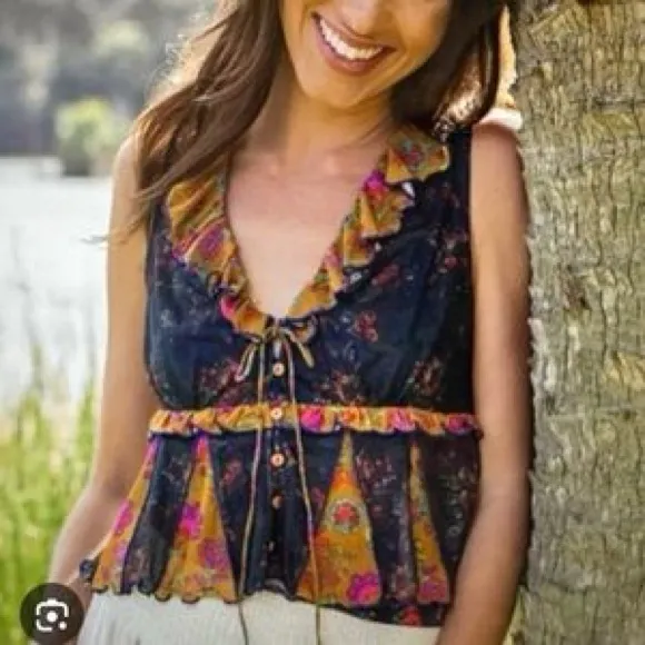 Natural Life Sierra Sleeveless Mesh Top Sheer Button Front  Navy Mustard Floral - Image 2