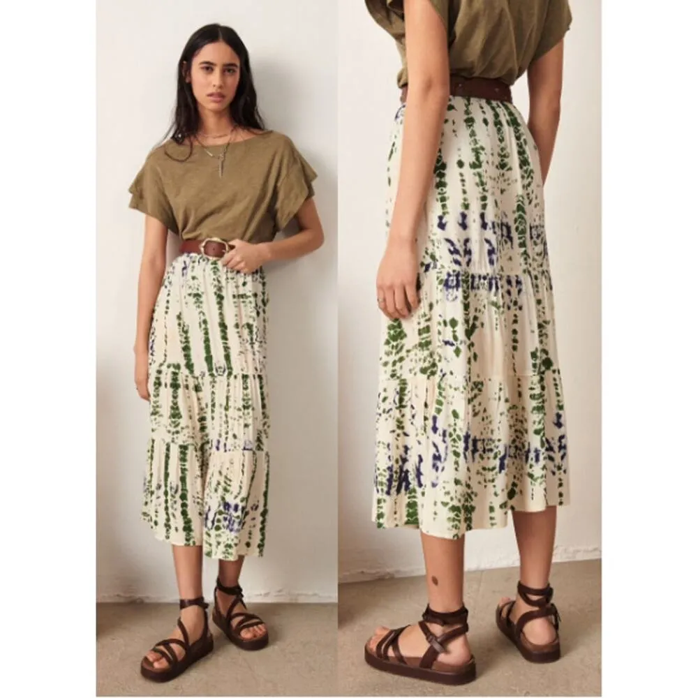 Ba&sh Ihia Tie Dye High Waisted Boho A-Line Midi Skirt White/Green Women's XS - Image 3