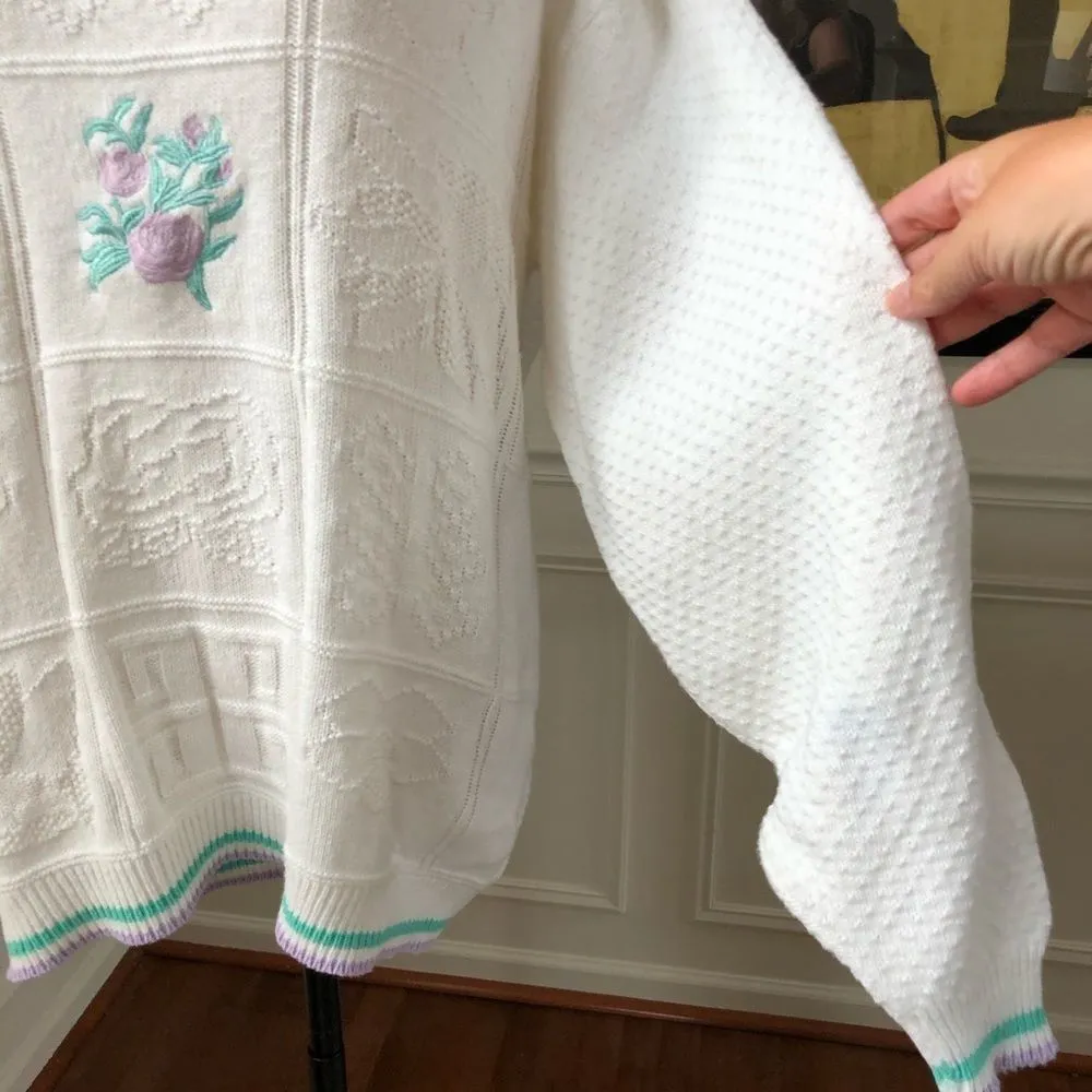 Vintage Embroidered Patchwork Cotton Sweater M White Size M - Image 5