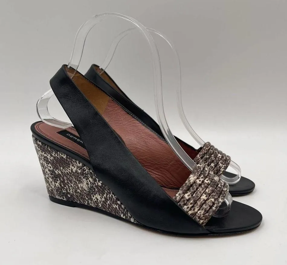DEREK LAM Snakeskin Wedge Black Leather Strappy Slingback Shoes Heels Size 7 - Image 2