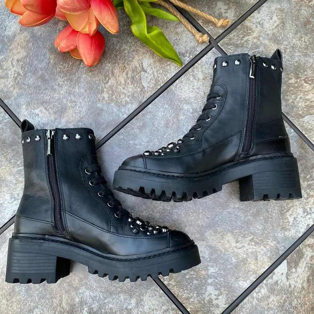 New KARL LAGERFELD PARIS Black Breck Studded Leather Moto Combat Boot Size 6 - Image 9