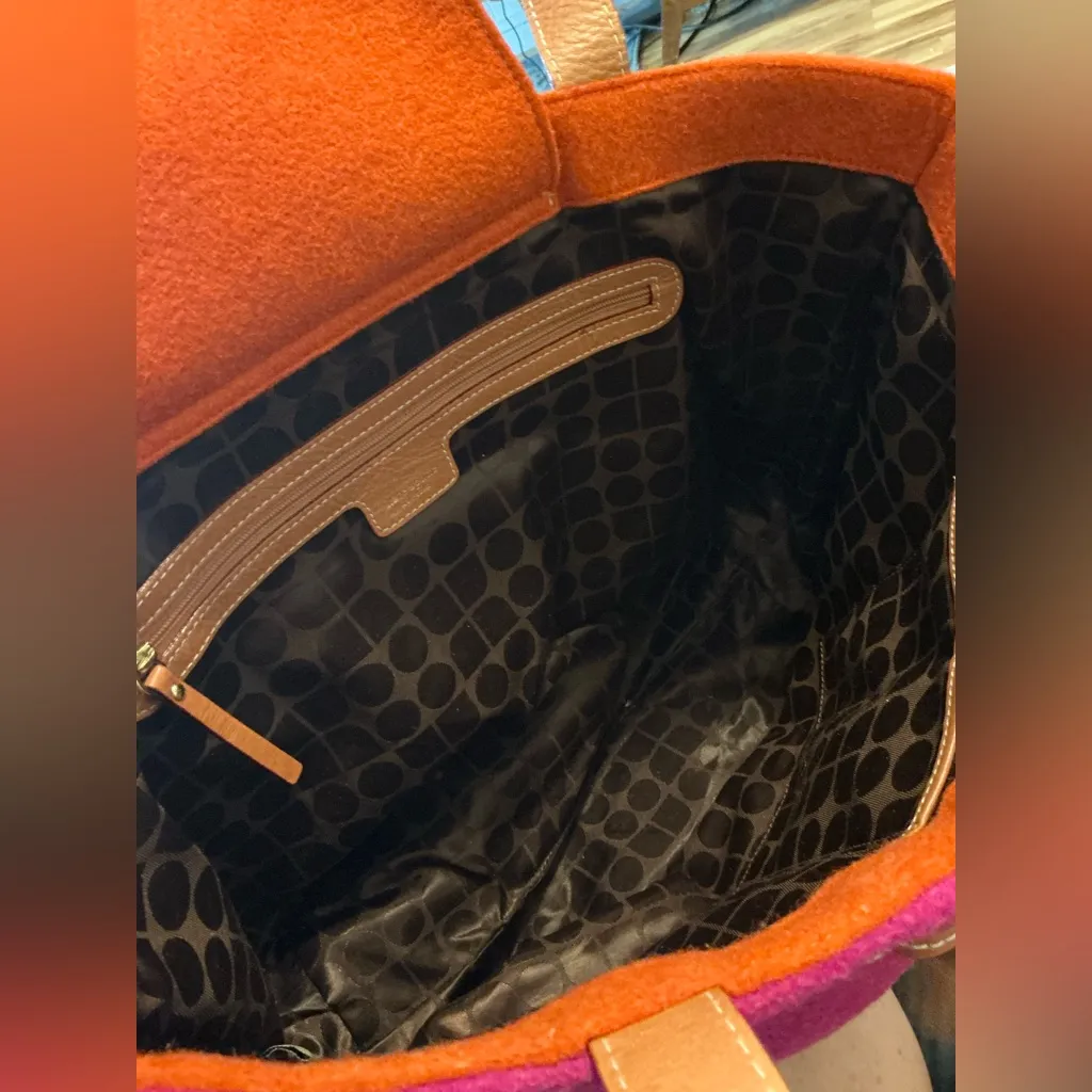 Kate Spade Coal Devon Purse Orange Pink Brown Wool Blend Leather Tote Purse Bag - Image 5