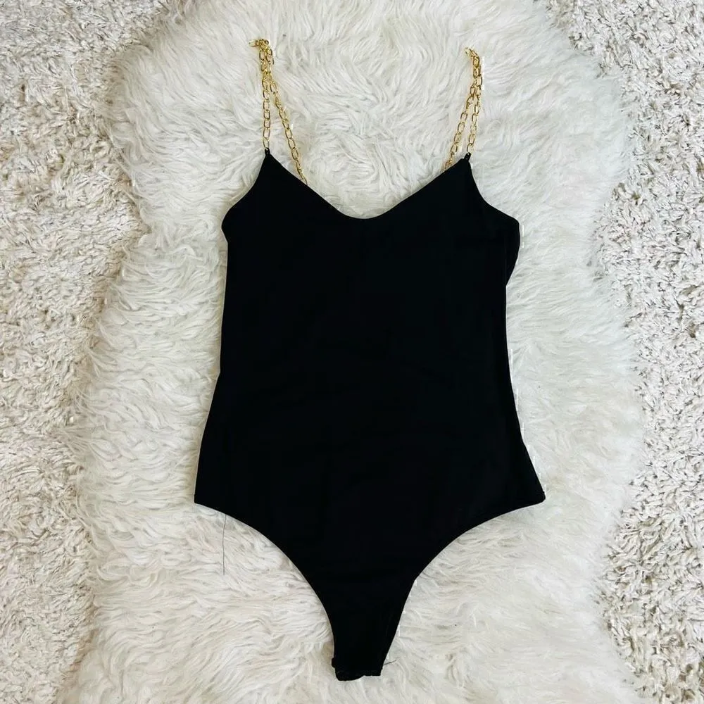 Black chain strap cami bodysuit top blouse L Size L - Image 8