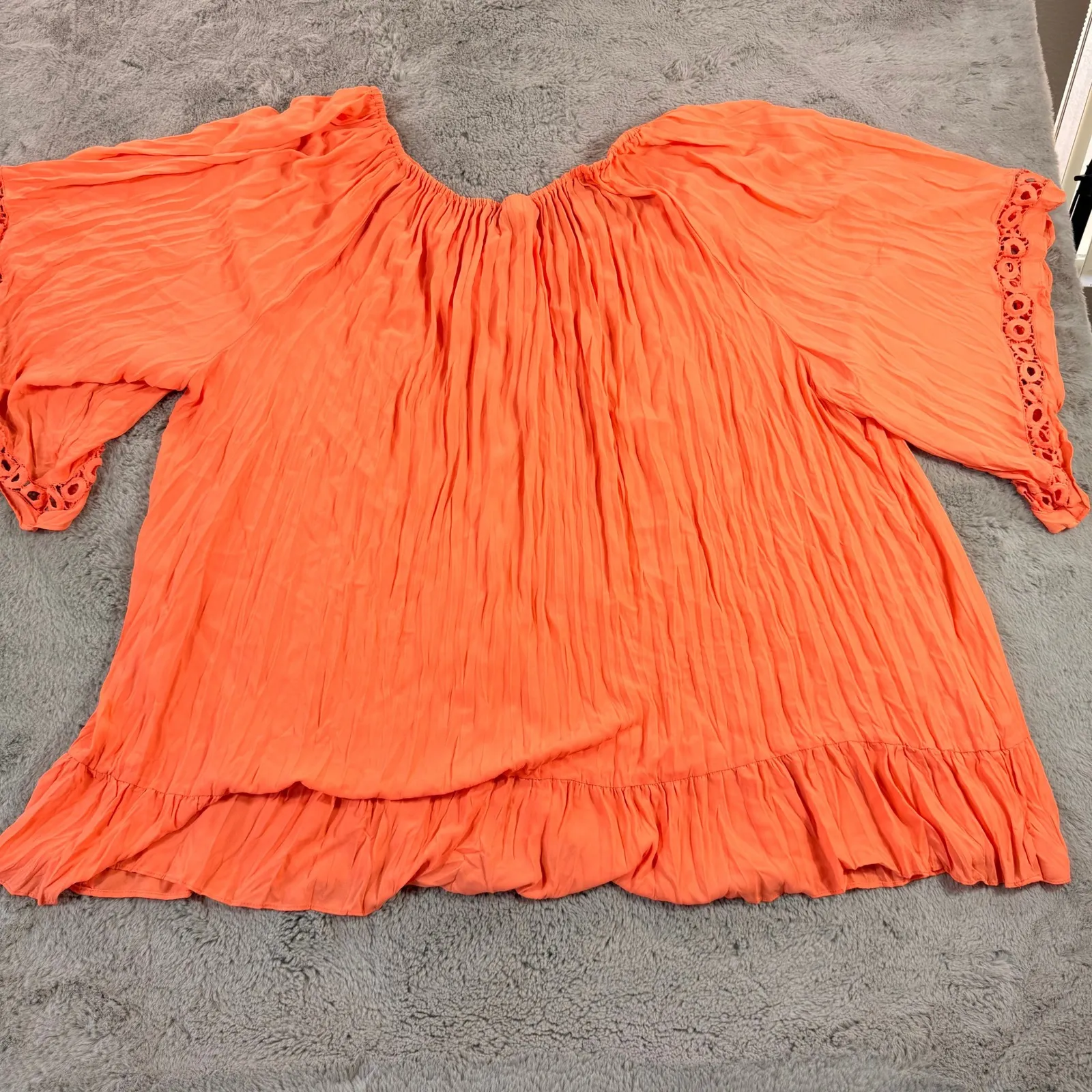 Catherines 4X Orange Crinkle Gauze Peasant Blouse Crochet Trim Plus Size Top - Image 5