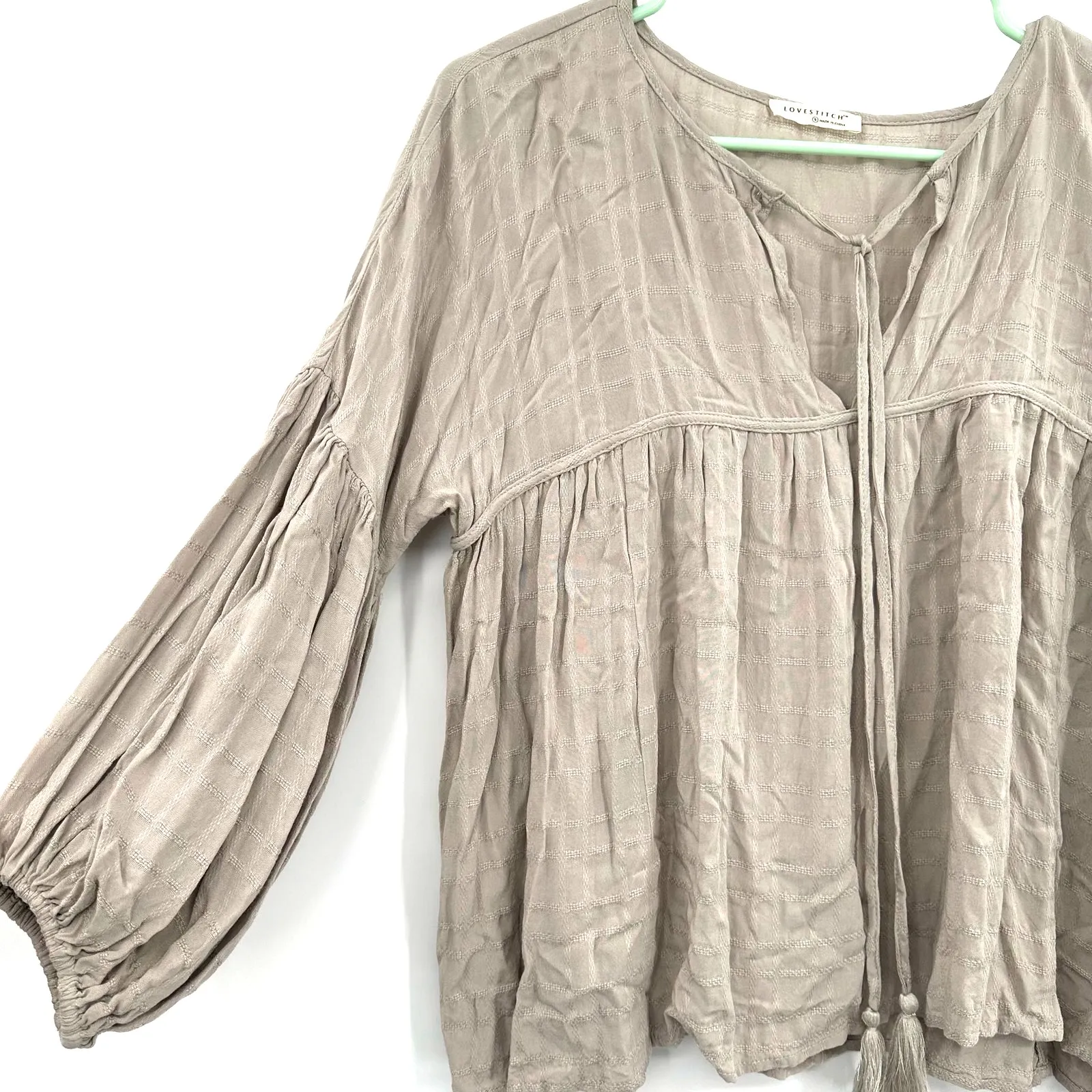 Lovestich Size Small Blouse Tan Lightweight Long Sleeve Babydoll‎ Flare V Neck - Image 3