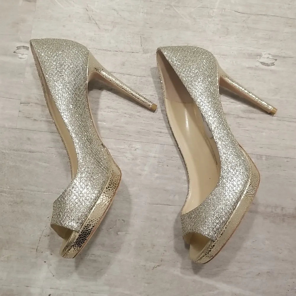 💕JIMMY CHOO💕 Metallic Luna 100 Champagne Glitter Fabric Peep Toe Platform Pump - Image 11