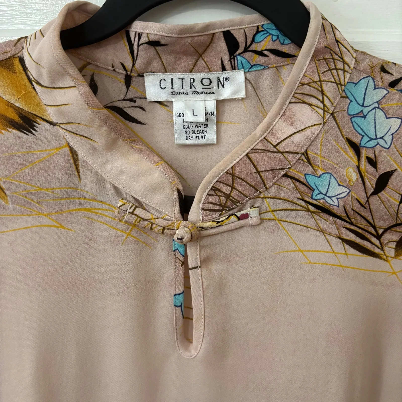 CITRON Santa Monica Silk Artsy Asian Geisha Crane Mandarin Collar Blouse Top L Blue Size L - Image 4