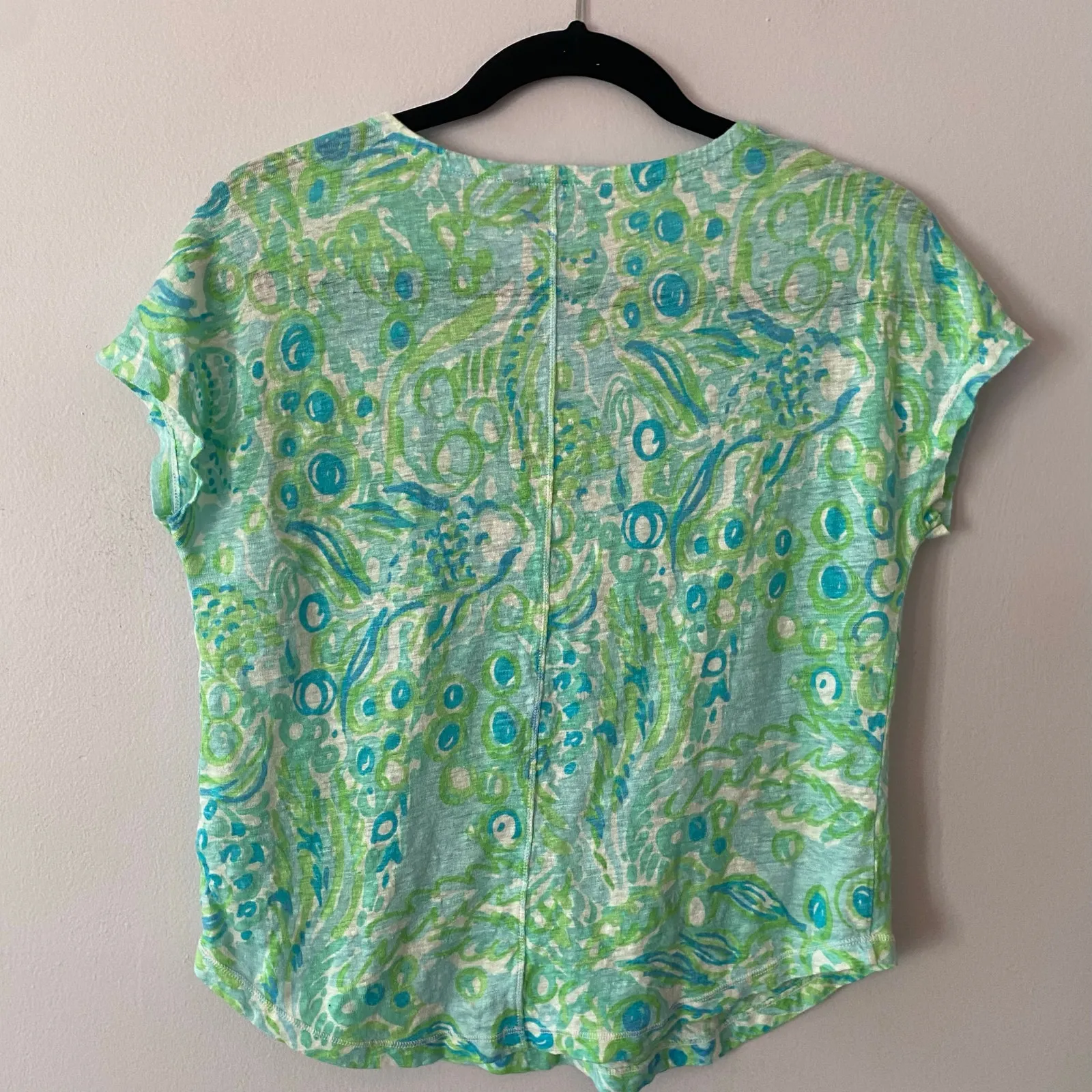 Lilly Pulitzer Duval Tee Green Blue Swirl Floral Short Sleeve Linen Women's XS - Image 5