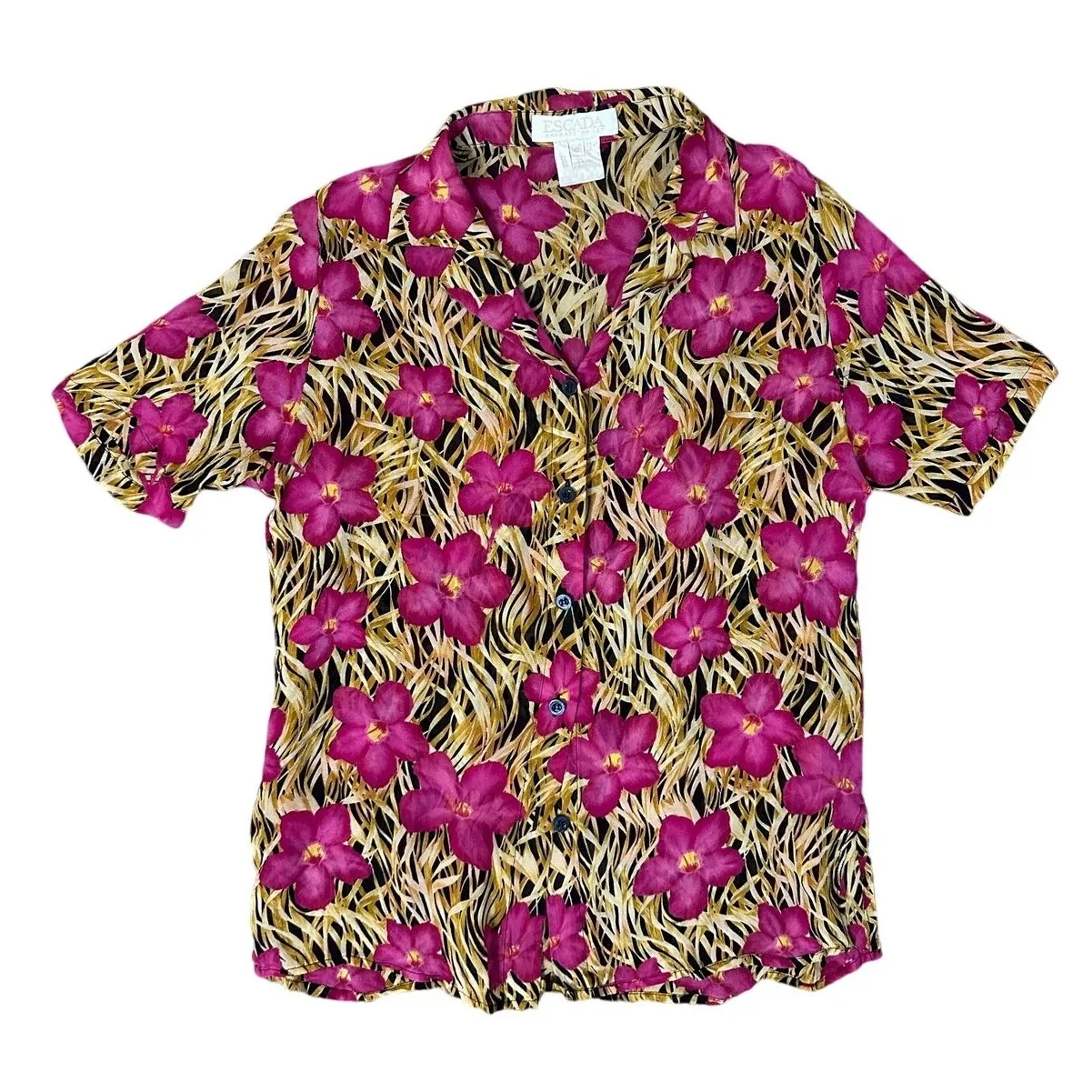 Escada Vintage 80s Blouse Silk Pink Hibiscus Floral Short Sleeve Size L - Image 5