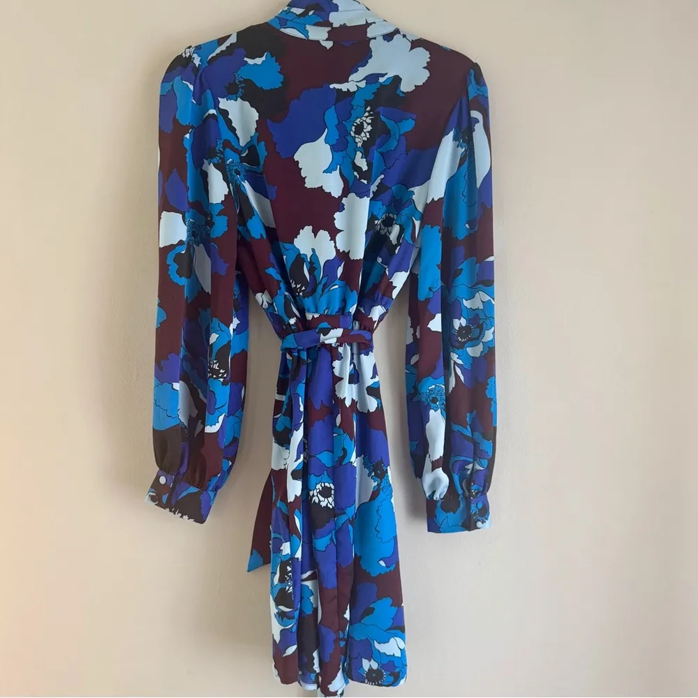 Who What Wear Blue Floral Long Sleeve Tie Waist High Neck Shoulder Button Dress - Image 3