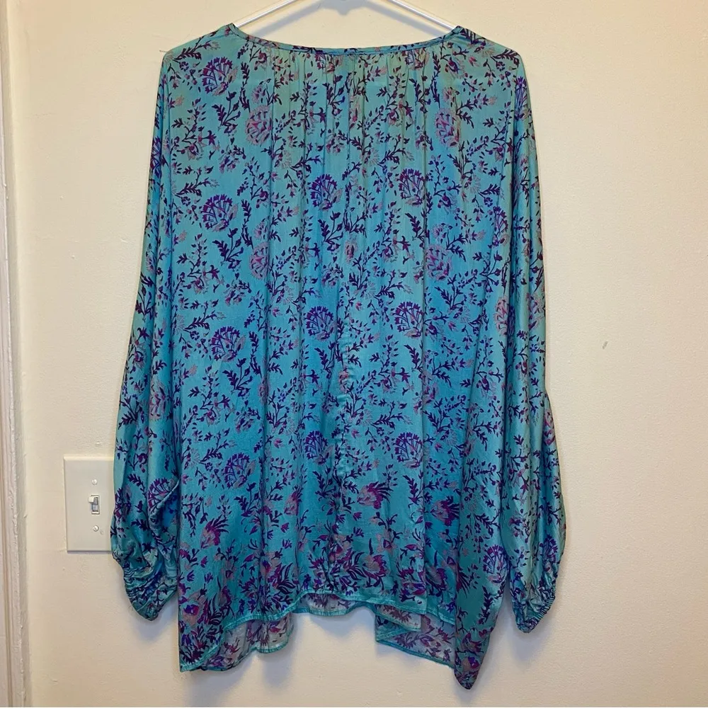 Sundance | Arielle Tassel-Neck Floral Silk Modal Peasant Blouse Teal Blue Sz XXL - Image 11
