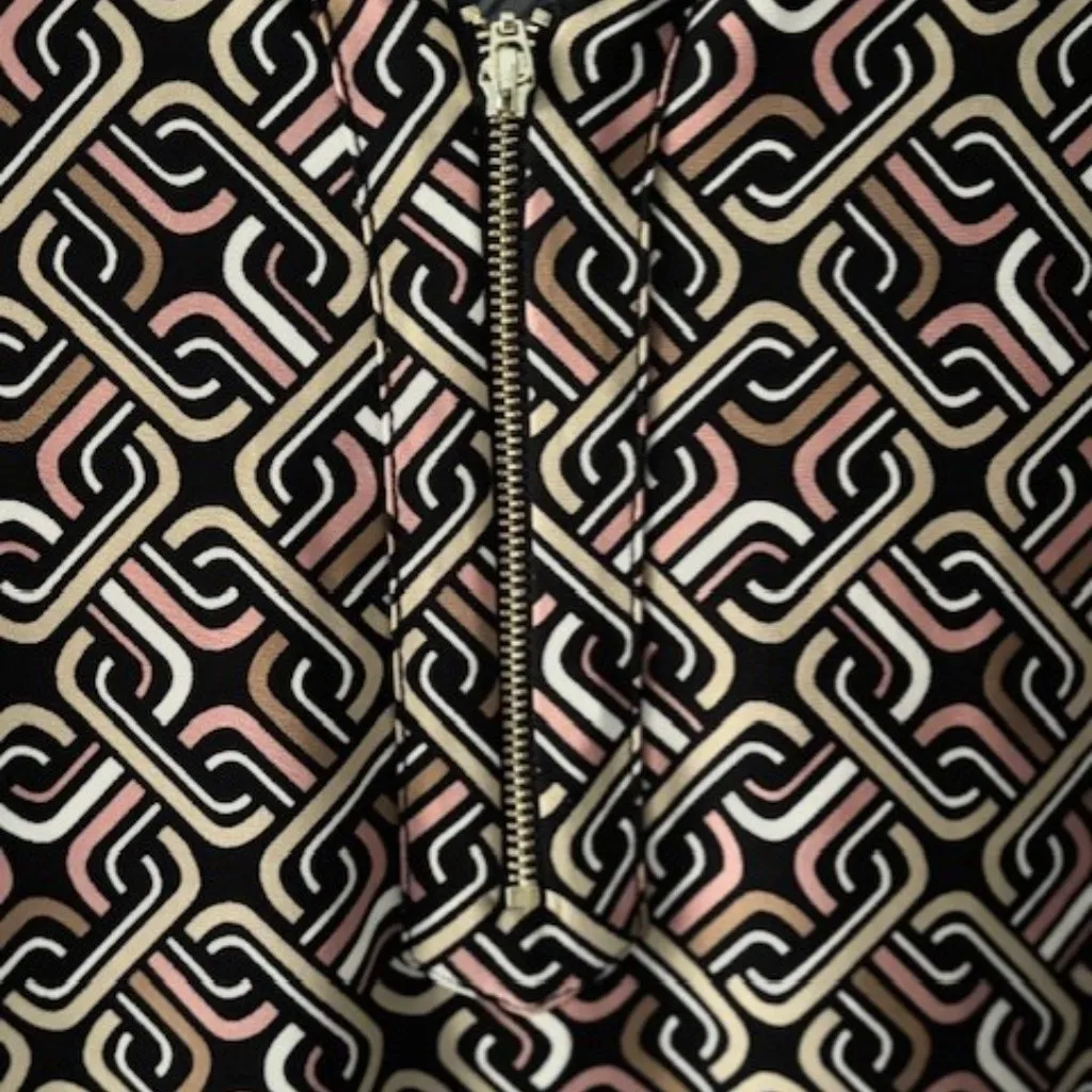 Anne Klein  XL Zip Front Black Tan Blouse Geometric Roll Tab V Neck Whimsygoth - Image 4