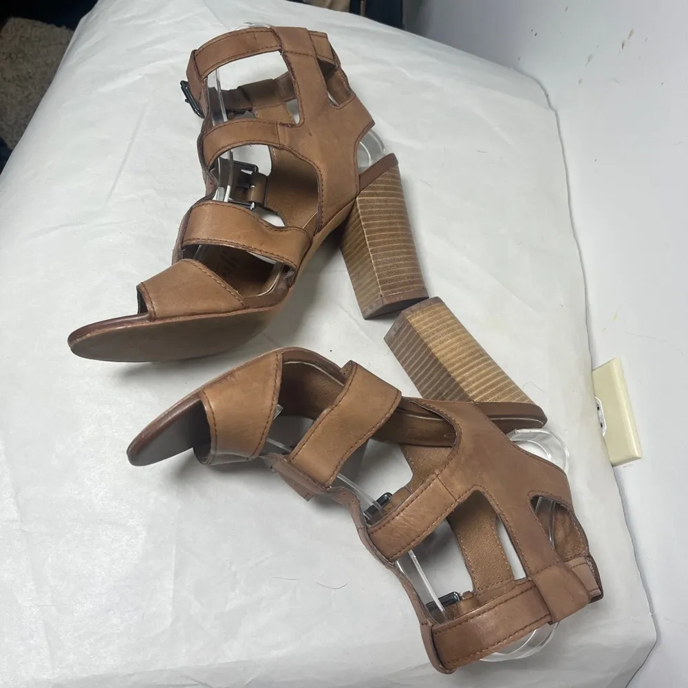Aldo Strappy Gladiator Stacked Block Heel Leather Sandals Cognac Sz 9 - Image 2